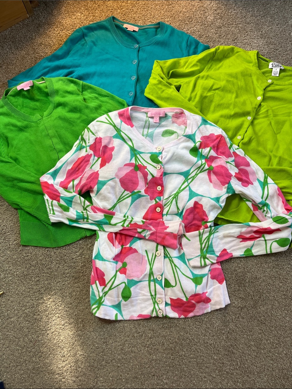 🍀🧵🌷Lot: 4 szS Lilly Pulitzer Vibrant Sweater Cardigans Green Blue Floral READ